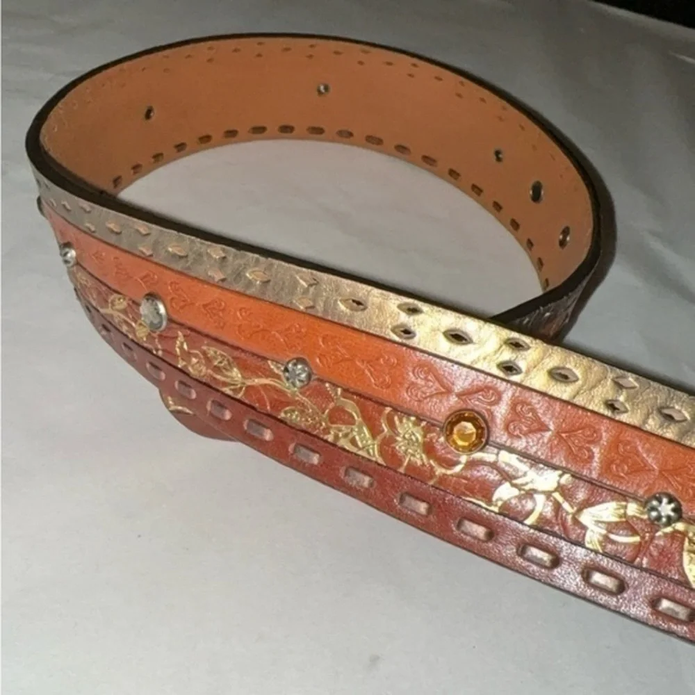 Fossil Brown Leather Embossed Beaded Belt Size Small‎